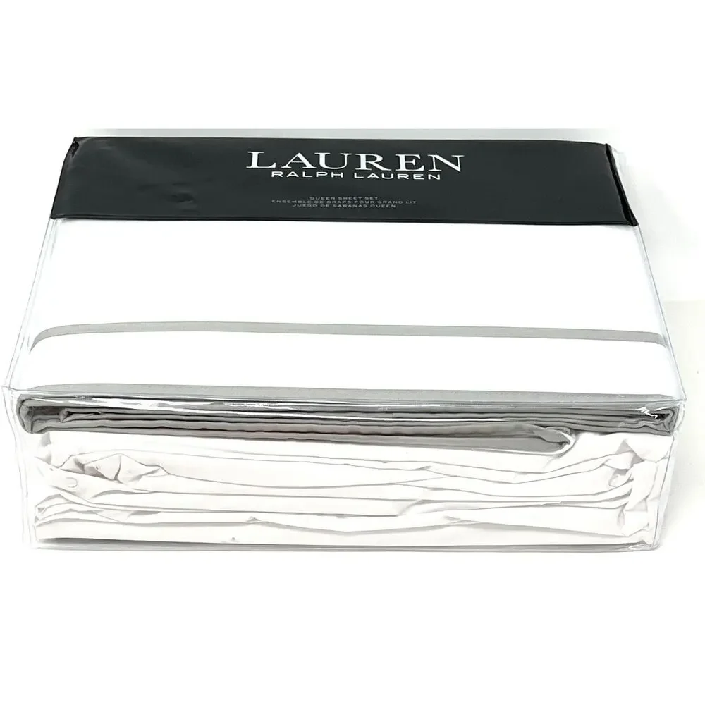 Ralph Lauren Spencer Border Sateen Queen Sheet Set White Grey Gray 4 Pcs. NIP